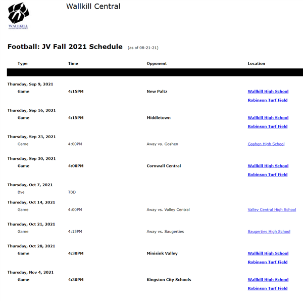 JV Football schedule
